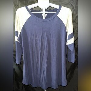 Avenue- Blue Long Sleeve Tee with Contrasting Gray Sleeves and Classic Crew Neck